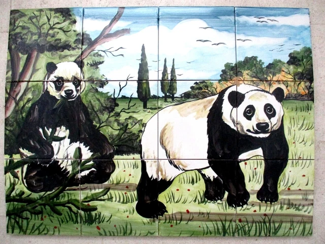 32" x 24" Hand painted Ceramic tile art panel mural PANDA BEAR Backsplash