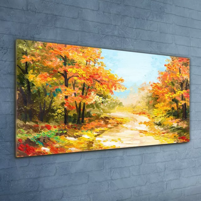 Druck auf Glas Wandbild Glasbilder 120x60 Ölgemälde Wald Bäume Pfad Herbst