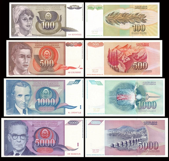 Yugoslavia Set 4 PCS, 100 500 1000 5000 Dinara, 1991, P108-111, UNC