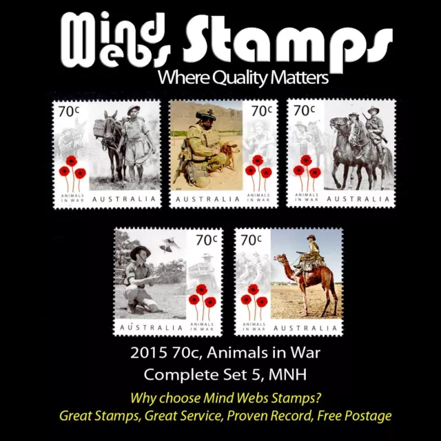 Australian Decimal Stamps 2015, 70c Animals in War, Complete Set 5, MNH