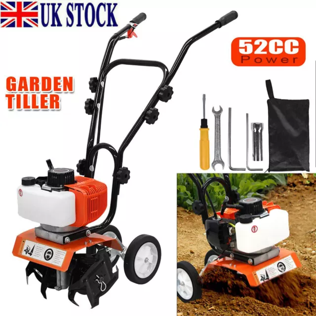 Garden Tiller 52CC Petrol Engine 1.65KW 2 Stroke Lawn Cultivator Rotovator Soil