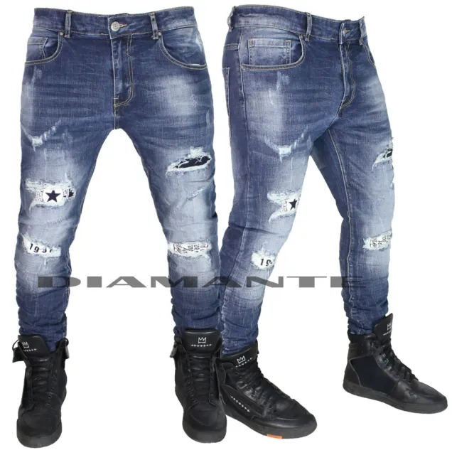 Jeans Uomo Denim Pantaloni Strappati Elasticizzati Design Foderati NL121