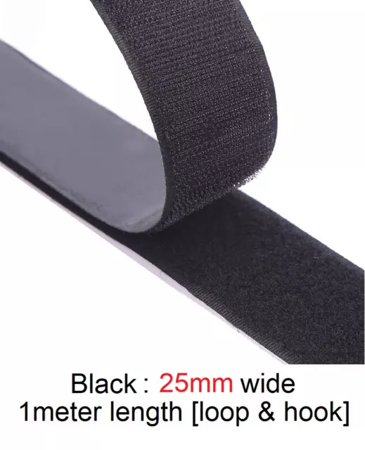 VELCRO SELF ADHESIVE Stick on Tape HOOK & LOOP Sticky Strips - Black 25mm x 1m