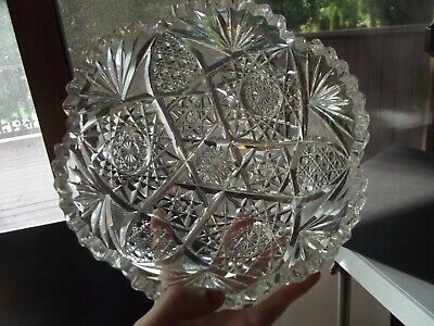 8" Round Bowl Antique American Brilliant Cut Glass Crystal Hobstar Cane Fan