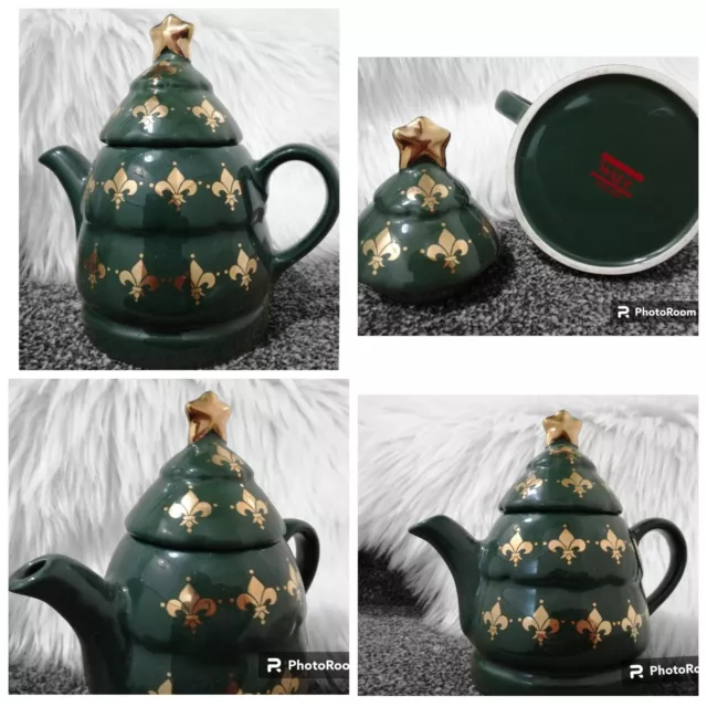 Wade Christmas Tea Pot Green Gold Star Fleur Di Lis Made In England