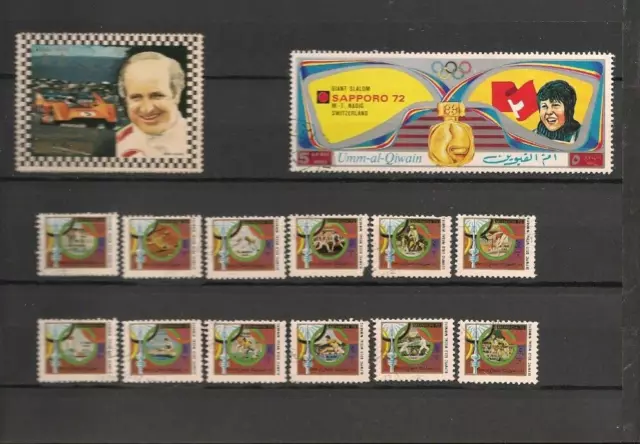 UMM AL QIWAIN, 1972, 12 Mini-timbres JO Munich , pilote Denis Hulme, Sapporo 72