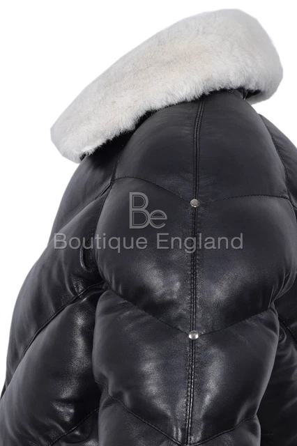 Men's Puffer Leather Jacket Fur Collar WARM Bomber Black REAL LEATHER Jacket Ace 5