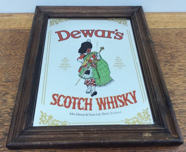 VINTAGE PUB MIRROR DEWARS SCOTCH WHISKY ADVERTISING SIGN 36cm X 28cm £
