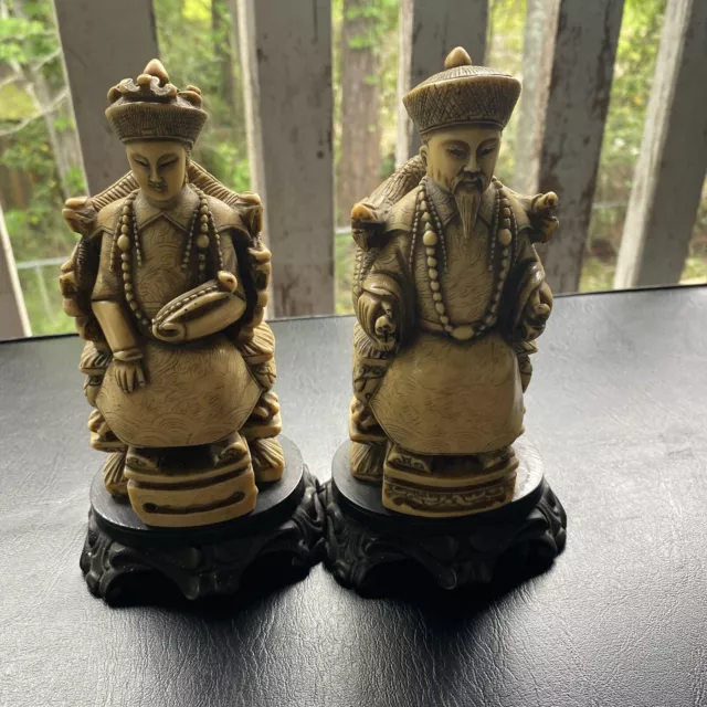 Old Hand Carved Resin Chinese Emperor & Empress 7.5” Statues very elegant