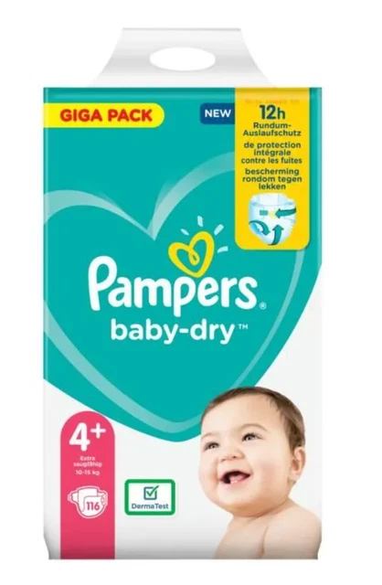 Giga Pack 116 Couches PAMPERS Baby-Dry Taille 4+ Super 10 à 15KG Lot Change Bébé