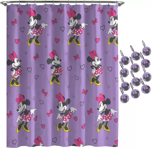 Disney Minnie Mouse Purple Love Shower Curtain & 12-Piece Hook Set & Easy Use