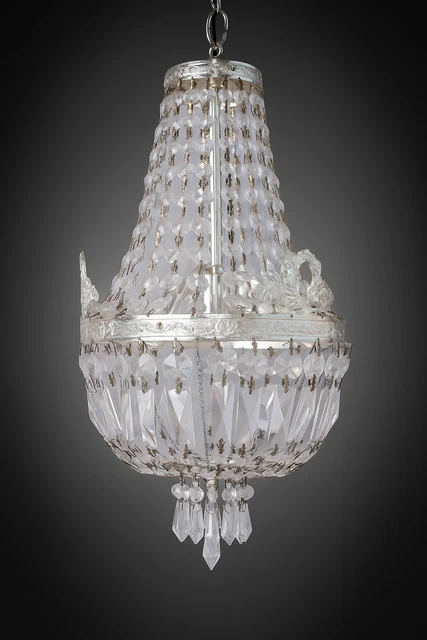 Superbe Lustre Corbeille En Laiton Massif Et Cristal – Style Français, Neuf
