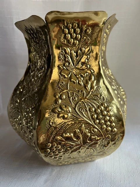 Vintage India Brass Vase Large Size 7” X  5” Grapes Pattern Classic Look