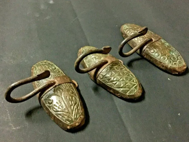 Vintage Old Handcrafted Peacock Shape Wooden & Iron Wall Hooks Hanger Set Of 3
