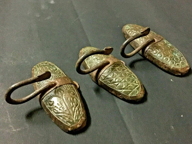 Vintage Old Handcrafted Peacock Shape Wooden & Iron Wall Hooks Hanger Set Of 3