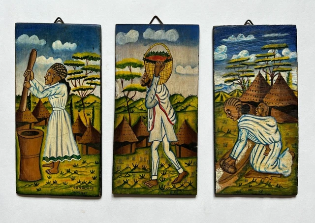 Vintage Set Of 3 Latin America Ethnographical Wood Hand Painted Plaques Signed