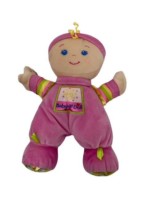Fisher Price Babys Baby's First Doll Pink Plush Stripes Circles Rattle EUC Clean