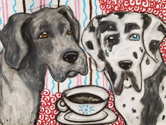 13 x 19 Art Print Great Dane Collectible Dogs drinking Coffee Signed by Artist