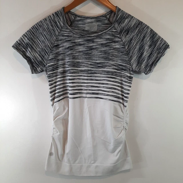 Athleta Finish Fast Womens Tee Size Small Black White Space Dye Ruching T-Shirt