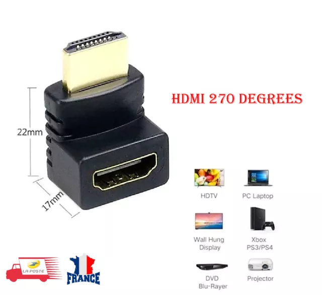 HDMI mâle vers câble connecteur femelle adaptateur 90° Angle Droit 270° Angle