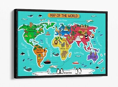 Kids Mappa del mondo-Elegante Effetto GALLEGGIANTE tela incorniciato WALL ART PICTURE PRINT