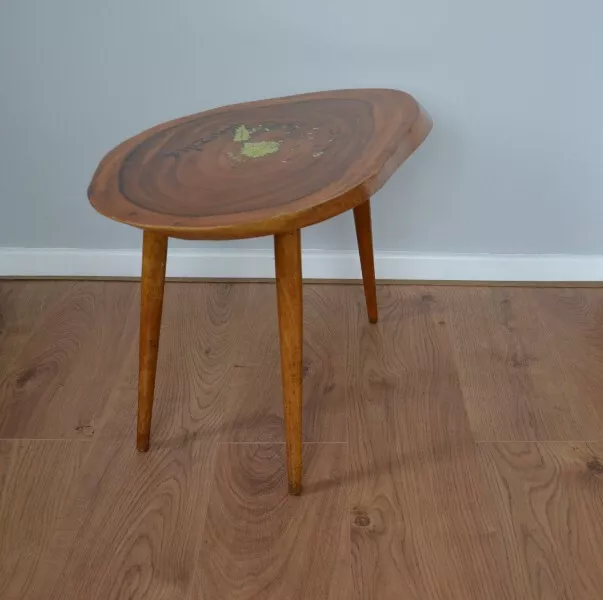 Mid 20th century coffee table with live edge and painted map of Fiji Islands