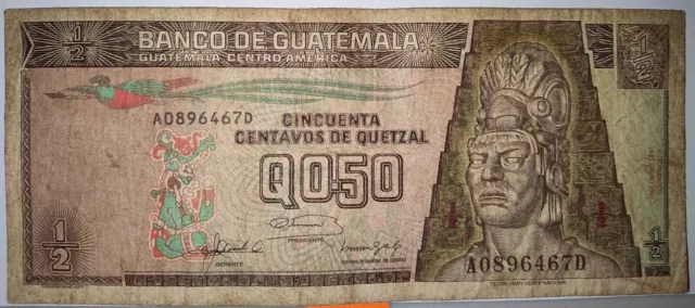 Banco De Guatemala Banknote 1/2 Quetzal February 1992 Circulated With Some Wear