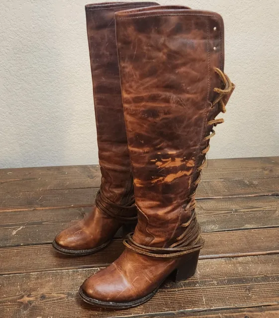 FREE BIRD BOHO DISTRESSED Leather Brown Lace Up Coal Boots Size 7.
