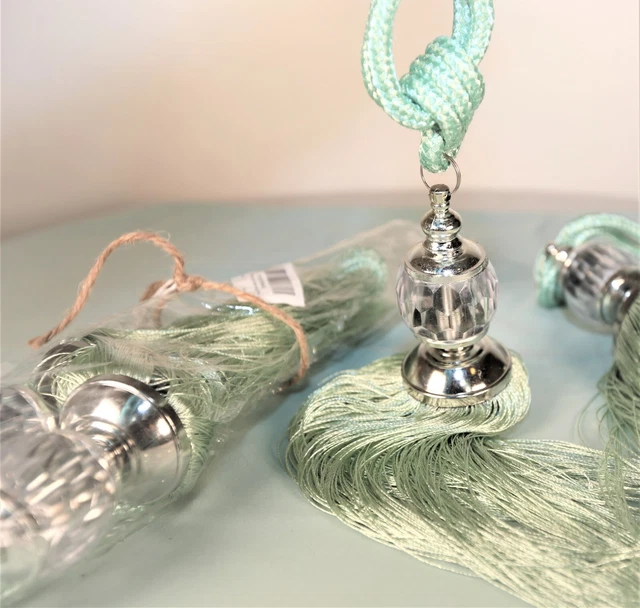 Tassel Rope Curtain Tiebacks Polyester & Faux Crystal  Seafoam Set of 4 Pieces