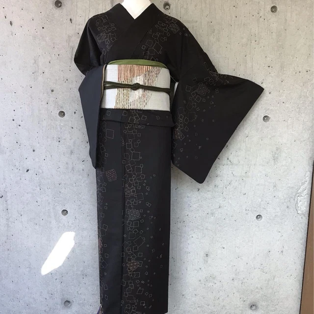 Japanese Premium Silk Pongee Kimono Oshima Tsumugi Quilting Sashiko 160cm Black