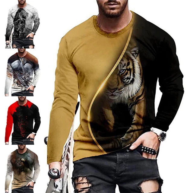 Mens Long Sleeve Animals 3D Print T Shirt Slim Crew Neck Tops Casual Tunic Tee