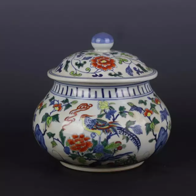 Chinese Porcelain Ming Wanli Blue and White Flowers Birds Tea Caddies 9.44 Inch