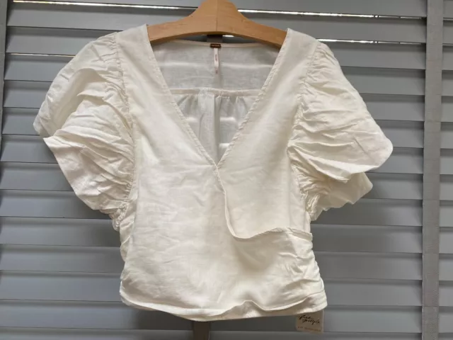 FREE PEOPLE Ivory Top Small Linen Blouse Cropped Puff Sleeves Crossover Smocked