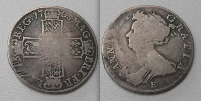 1708 Queen Anne Silver Half Crown Coin - E Below Bust