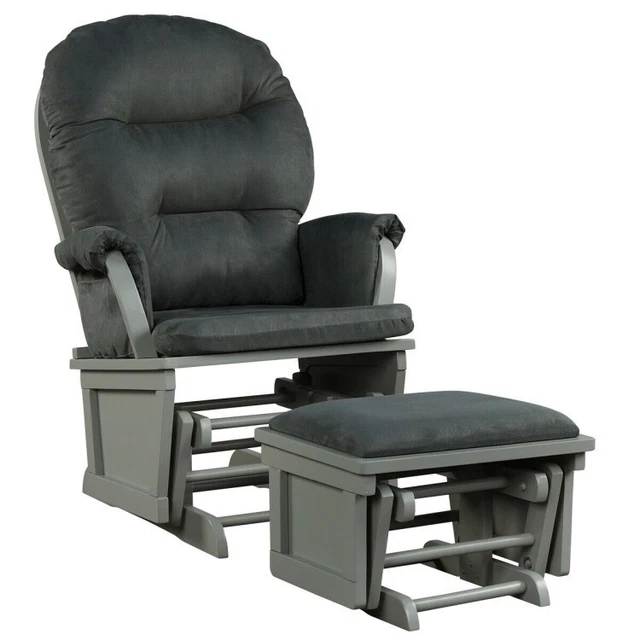 Rocking Glider & Ottoman Cushion Set Wooden Frame Baby Nursing Dark Gray Chair