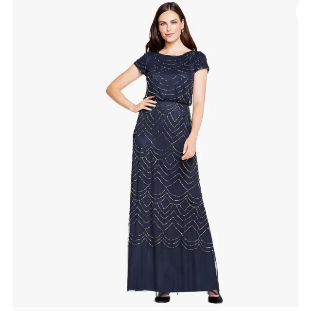 Adrianna Papell Short Sleeve Beaded Blouson Gown in Navy