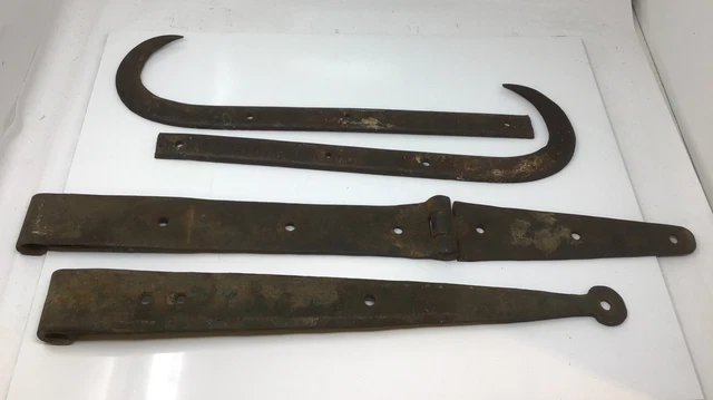 4 Vintage Strap Hinges Forged Steel Hook Shaped Barn Door Blacksmith Free Ship