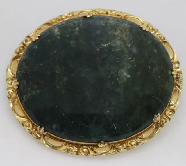 Gilt metal & green agate vintage Victorian antique oval brooch