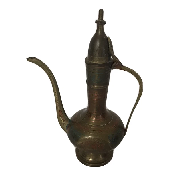 Vintage Indian Brass Coffee Pot Engraved Antique Decorative Style Tea Long Spout