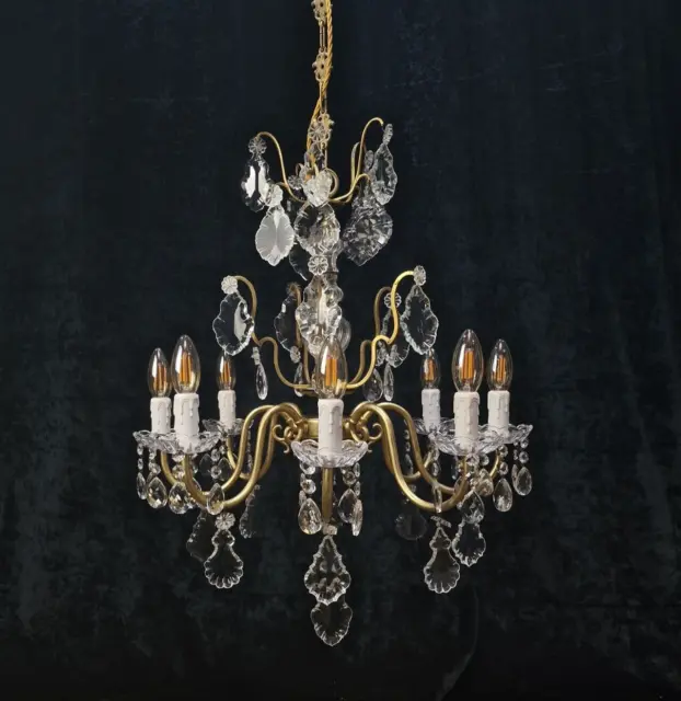 Beautiful Antique French Gilded 2 Tier Crystal 8 Arm Gilded Chandelier Light