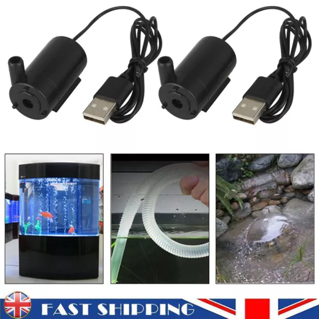 2 X USB Water Pump Mini Mute Submersible 1M Cable Garden Fountain Tool Fish Tank
