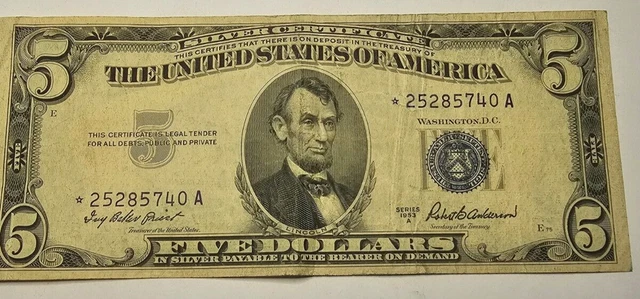 1953 A $5 FIVE Dollar Silver Certificate Star Note * Blue seal  Avg Circulated