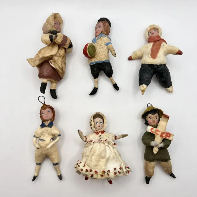 1960 Lot de 6 poupées en papier mâché de Noël et du Nouvel An, faites à la main