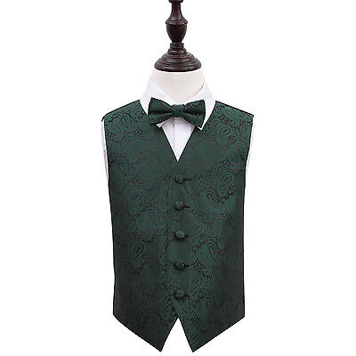 DQT Woven Floral Paisley Emerald Green Boys Wedding Waistcoat & Bow Tie Set