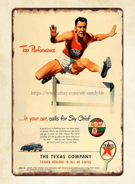 in signs 1948 Ad Texaco Sky Chief Gas Hurdler Hurdles Hurdling metal tin sign