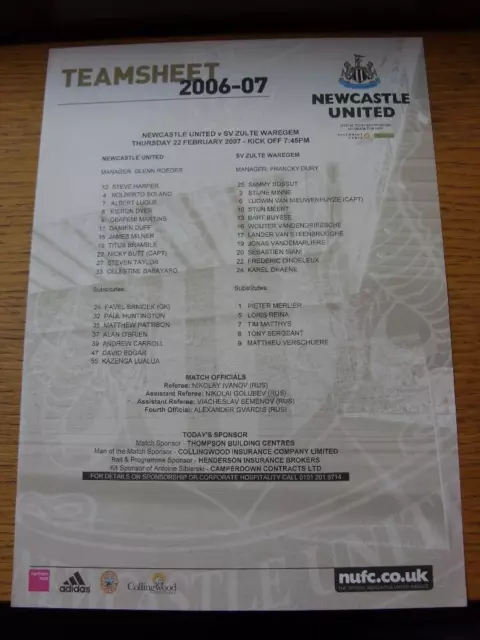 22/02/2007 Colour Teamsheet: Newcastle United v SV Zulte Waregem [UEFA Cup]