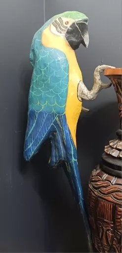 Vtg Lifelike Paper Mache Blue Macaw Parrot Hand Painted Bird Folk Art Tiki 32in