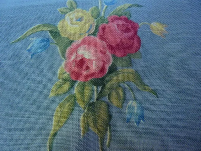 Cottage Shabby 1940 Cotton French Blue Gound Romantic Pink Roses Blue Bells BTY