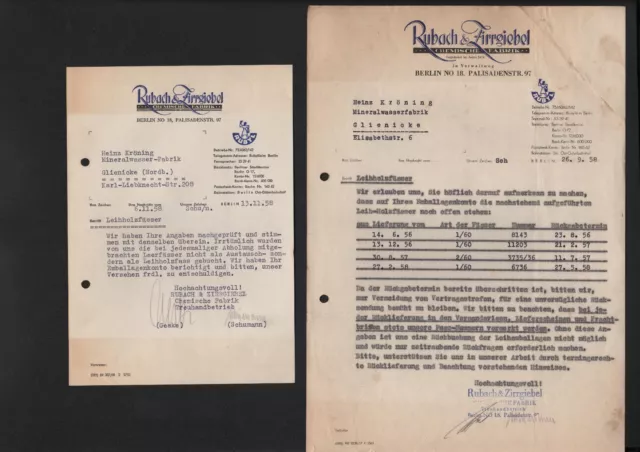 BERLIN, Rechnung Brief 1958, Rubach & Zirrgiebel Chemische Fabrik Leihholzfässer