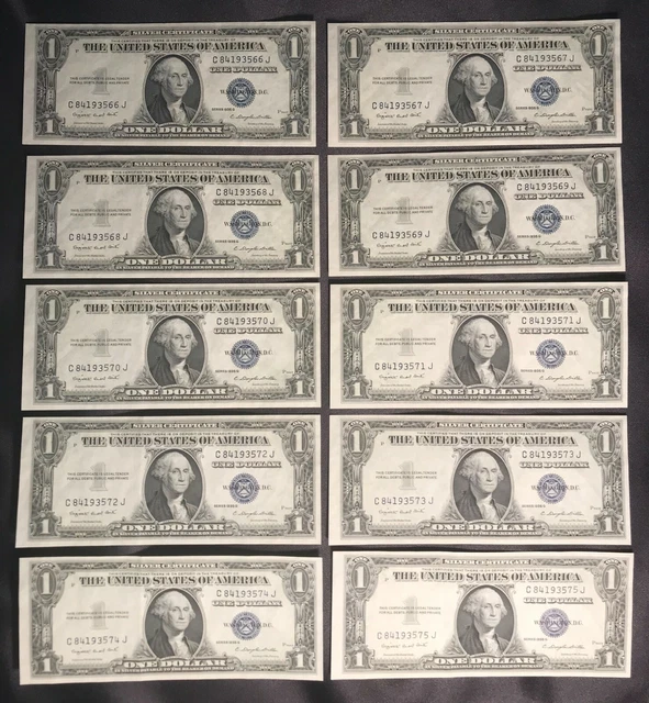 TEN 1935 G Silver Certificate (Blue Seal) $1 Dollar Bills, consecutive serial #s